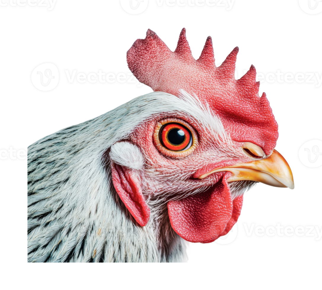 Close-up of a white chicken's face with red comb and wattles png