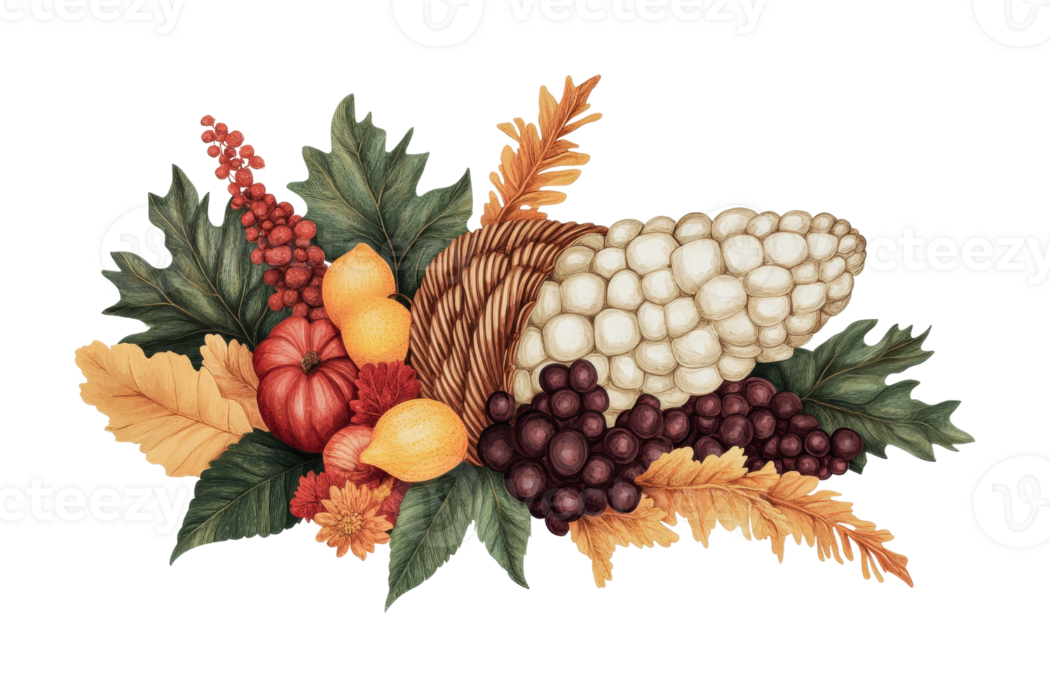Thanksgiving cornucopia with grapes, pumpkins, and autumn leaves in a basket png