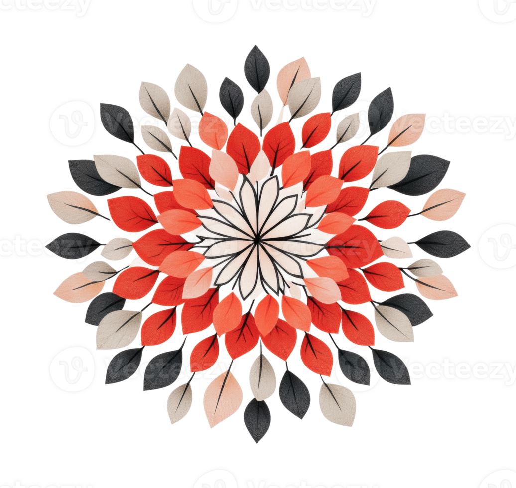 Abstract floral mandala design with red and neutral tones png