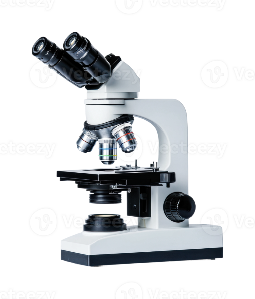 Modern laboratory microscope with multiple lenses and adjustable stage png