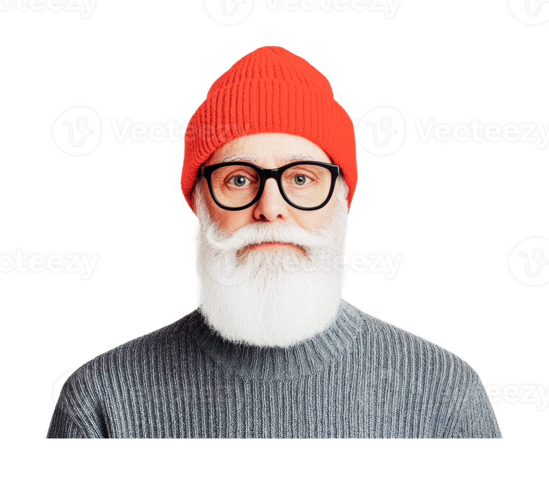 Elderly caucasian male with white beard wearing red beanie and glasses in grey sweater png