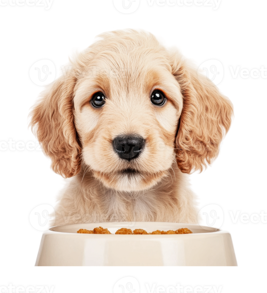 Cute golden puppy with food bowl adorably waiting for meal png