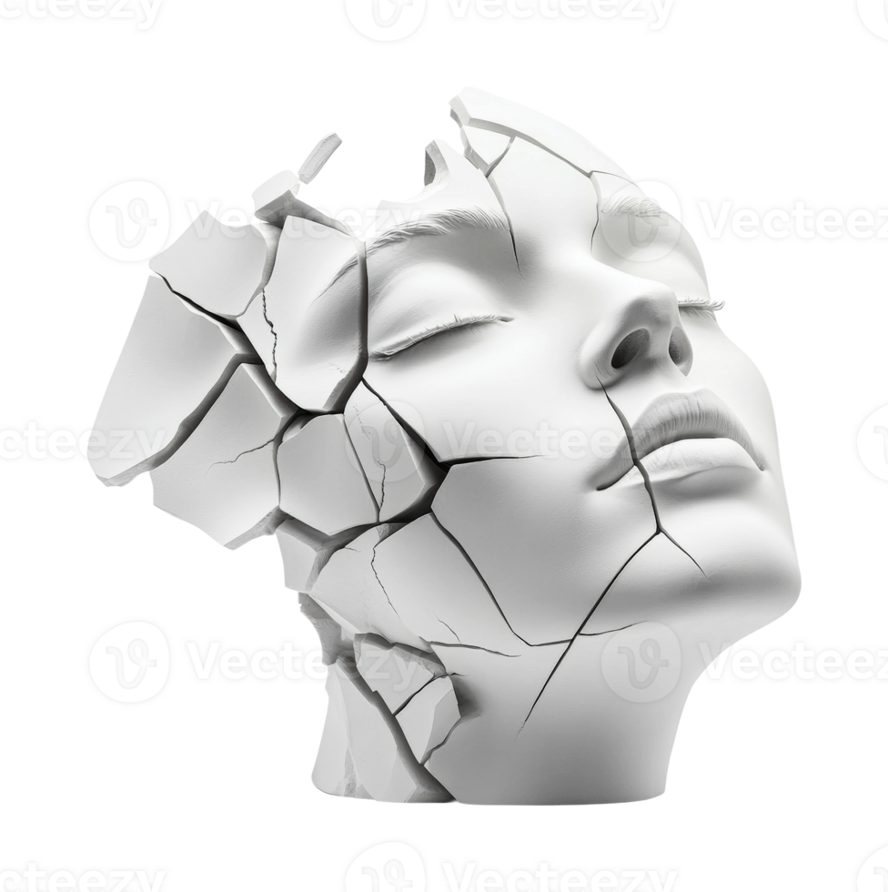 Cracked white sculpture of female face with closed eyes on black background png