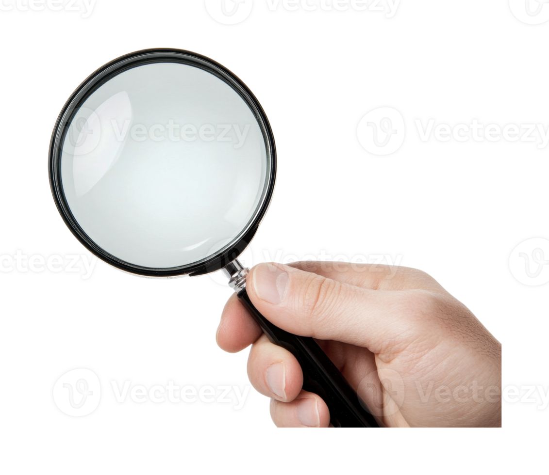 Hand holding magnifying glass with focused lens reflection png