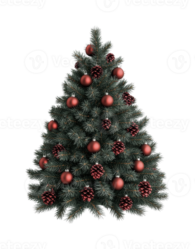 Festive christmas tree decorated with red ornaments and pine cones png