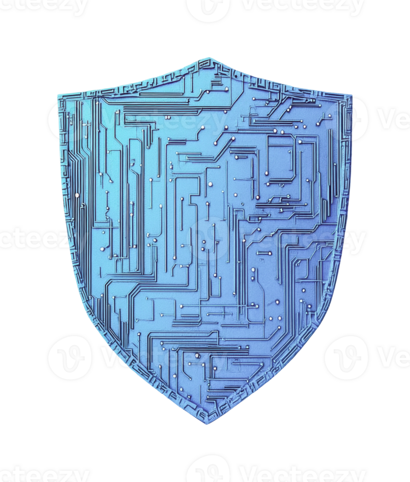 Futuristic blue circuitry shield design for digital security concept png