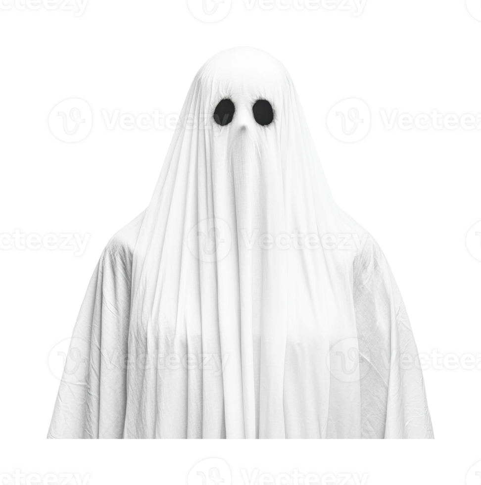 Classic white sheet ghost with black eyes on a dark background png