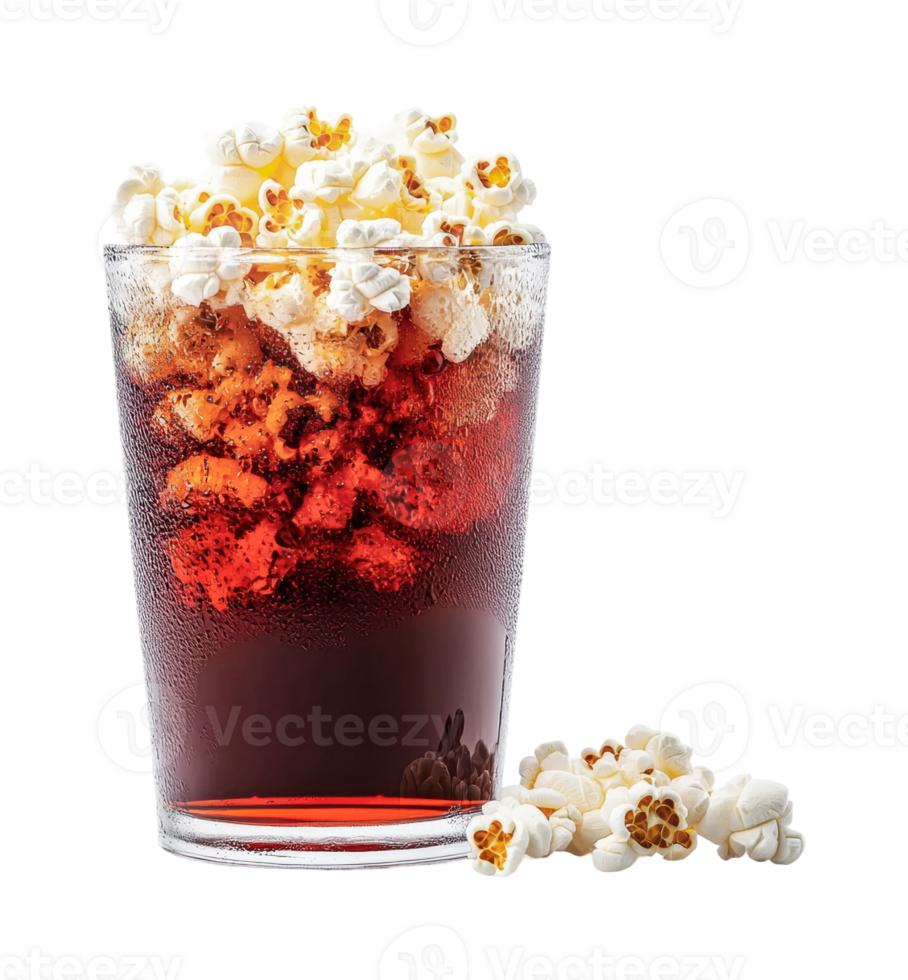 Glass of cola with popcorn overflowing into the drink png