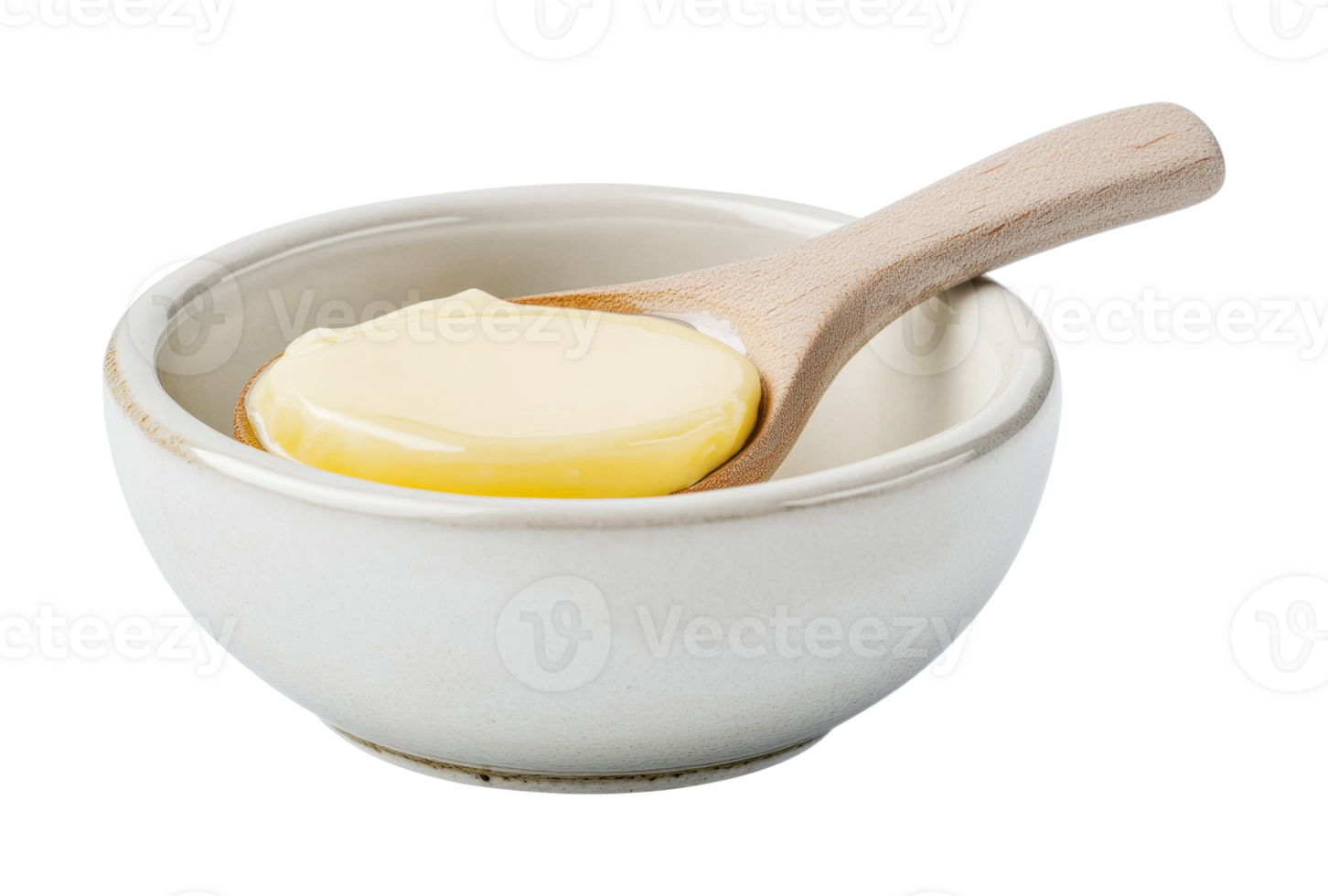 Wooden spoon with butter in white ceramic bowl png