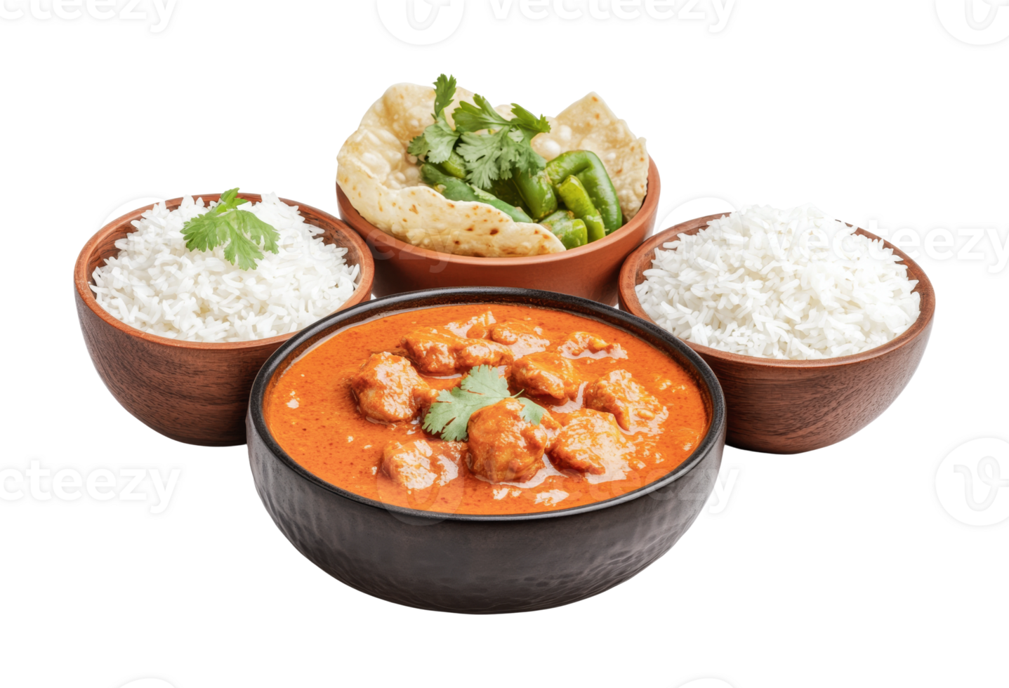 Spicy indian curry with jasmine rice and paratha png