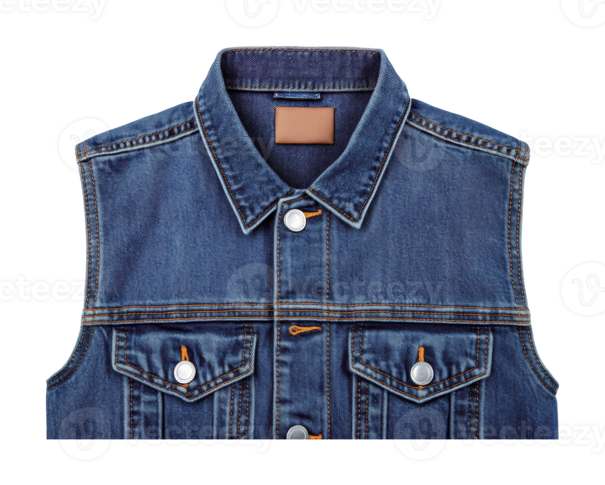Sleeveless blue denim vest with copper stitching and silver buttons png