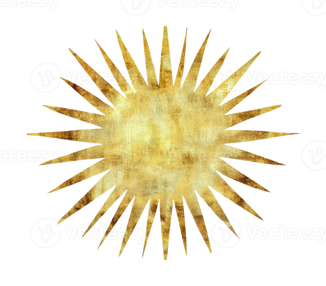 Golden sunburst with radiating spikes on black background png
