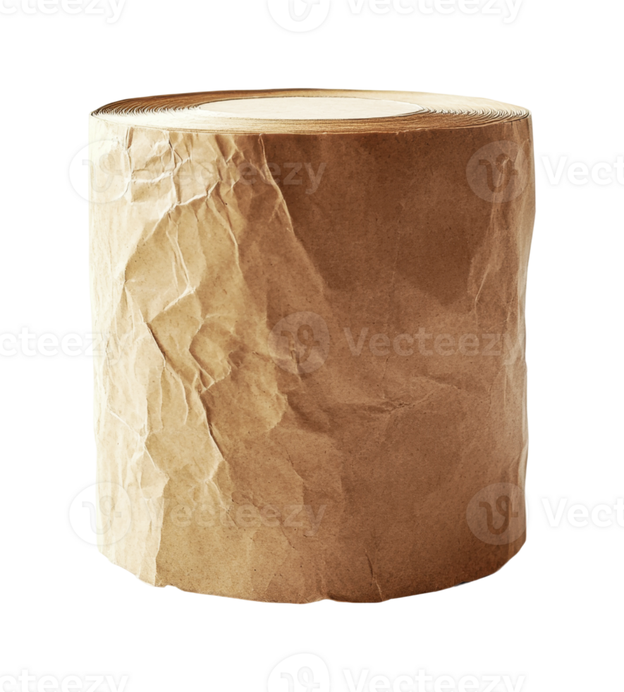Large brown paper roll with wrinkled texture on black background png