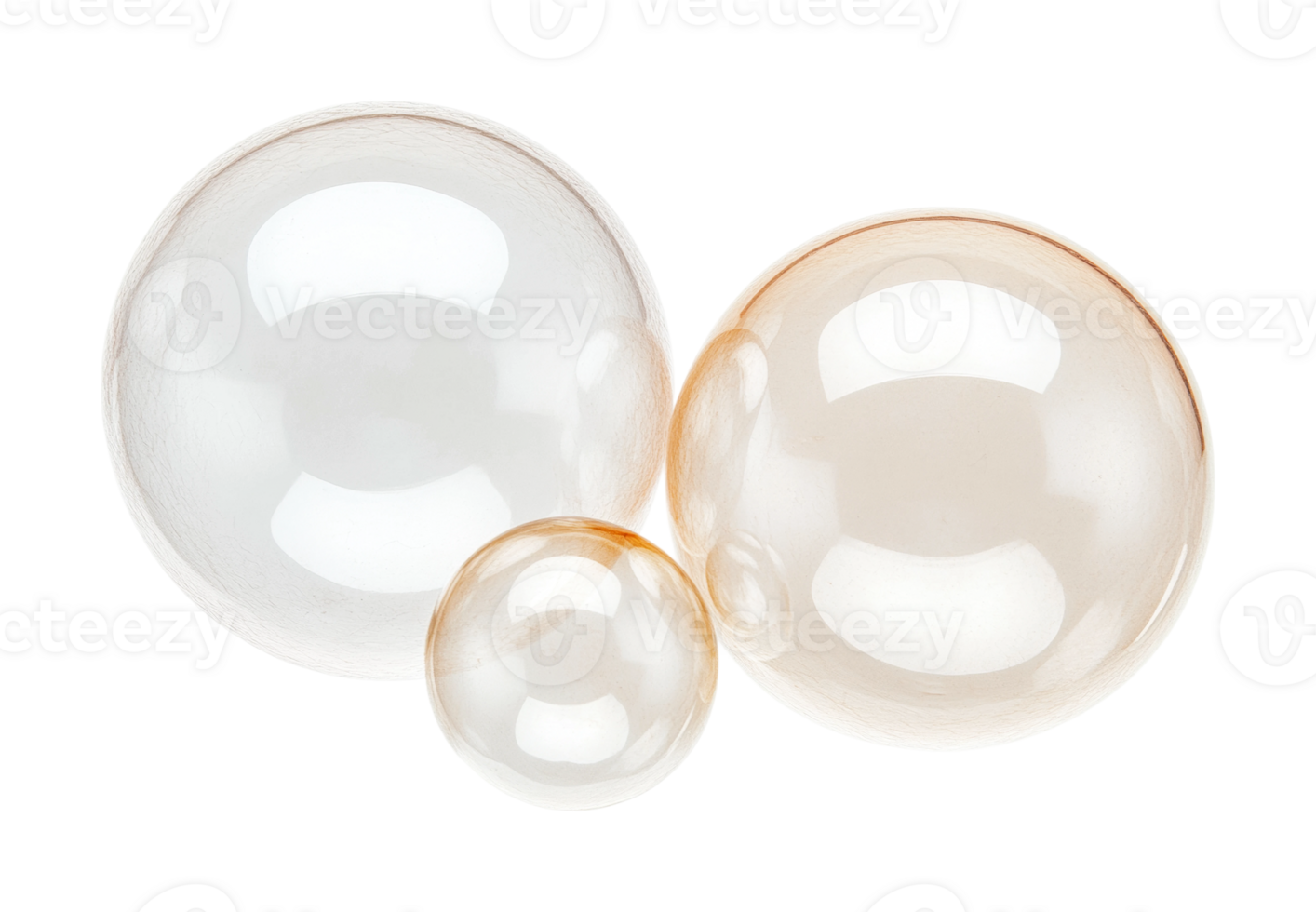 Three translucent soap bubbles floating isolated on white background png