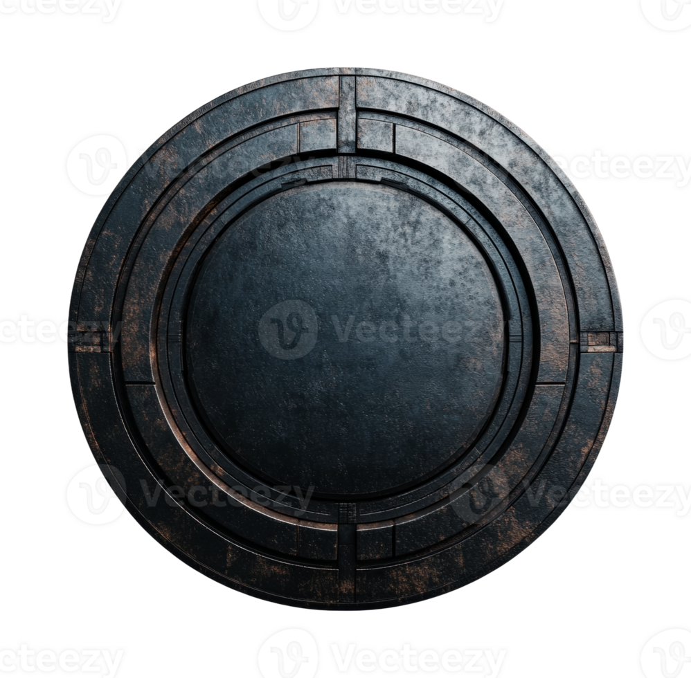 Intricate circular metal shield design with rustic texture png