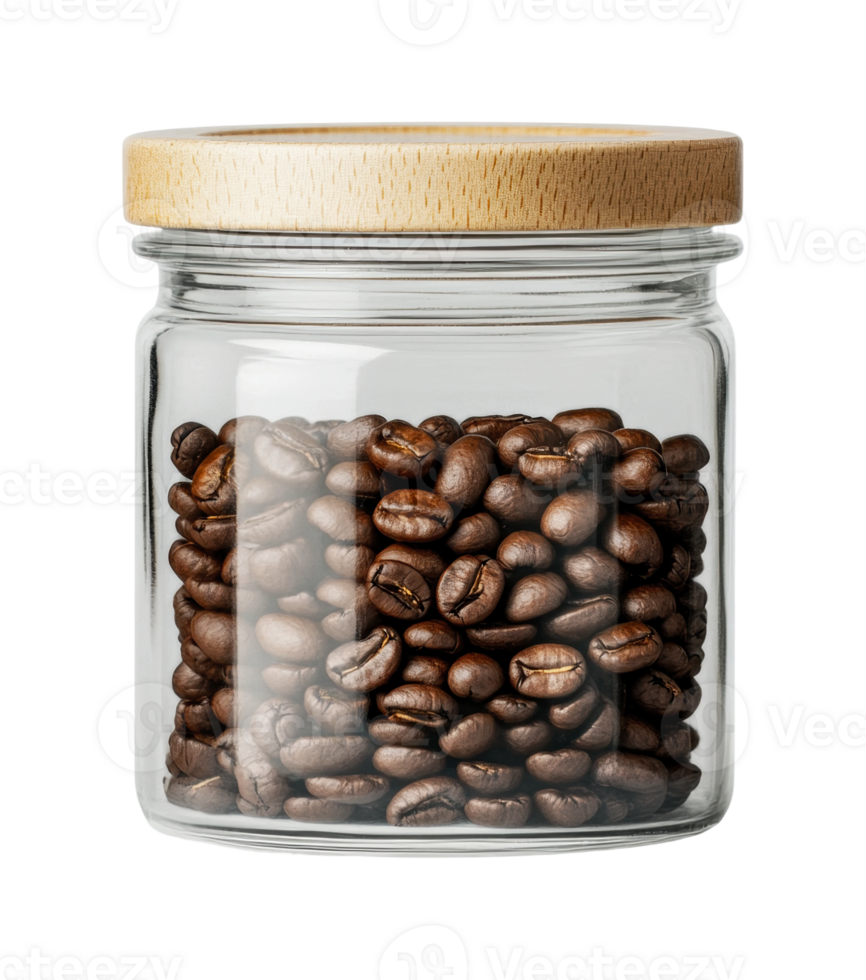 Glass jar filled with fresh roasted coffee beans and wooden lid png