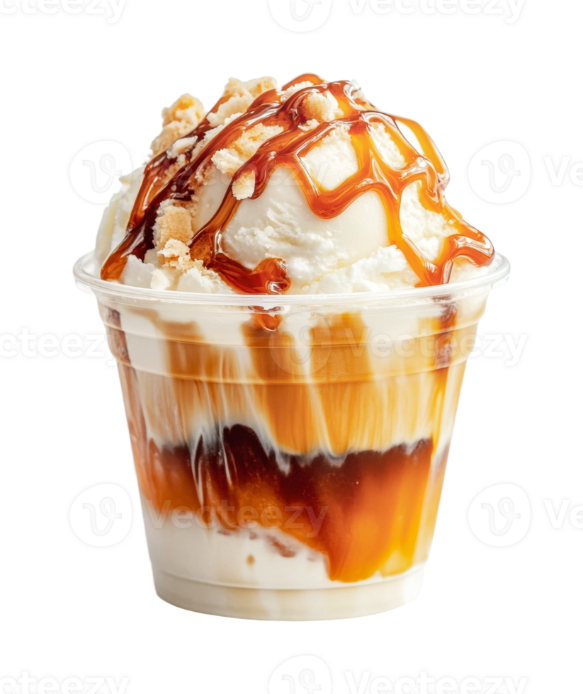 Delicious caramel and nut ice cream cup with drizzle and swirls png