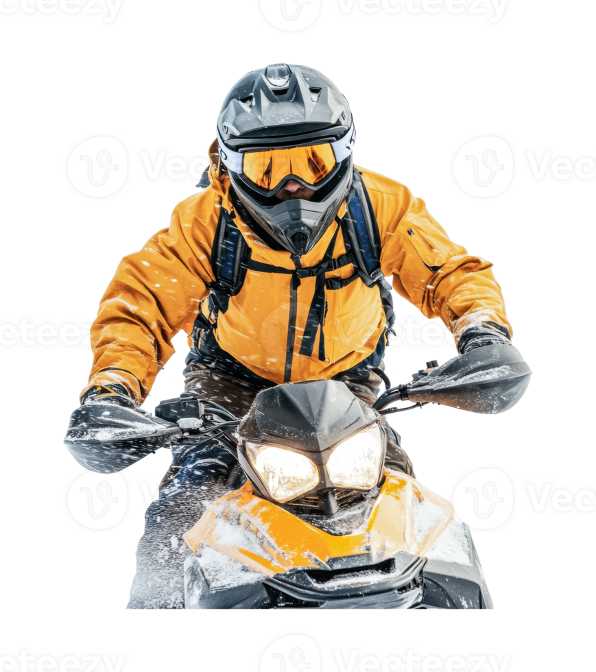 Young caucasian male in orange jacket riding snowmobile through snowy terrain png