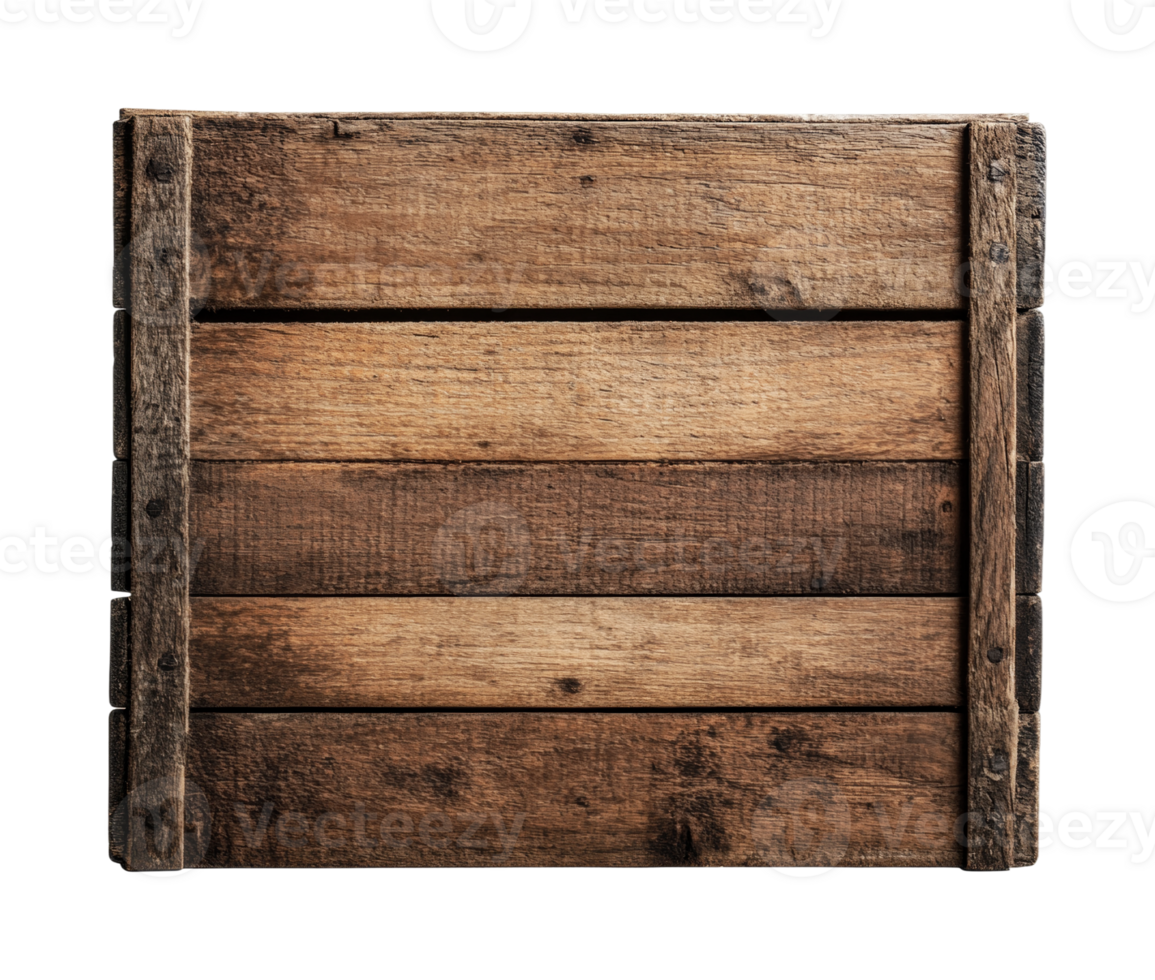 Rustic wooden crate with horizontal planks and reinforced corners png