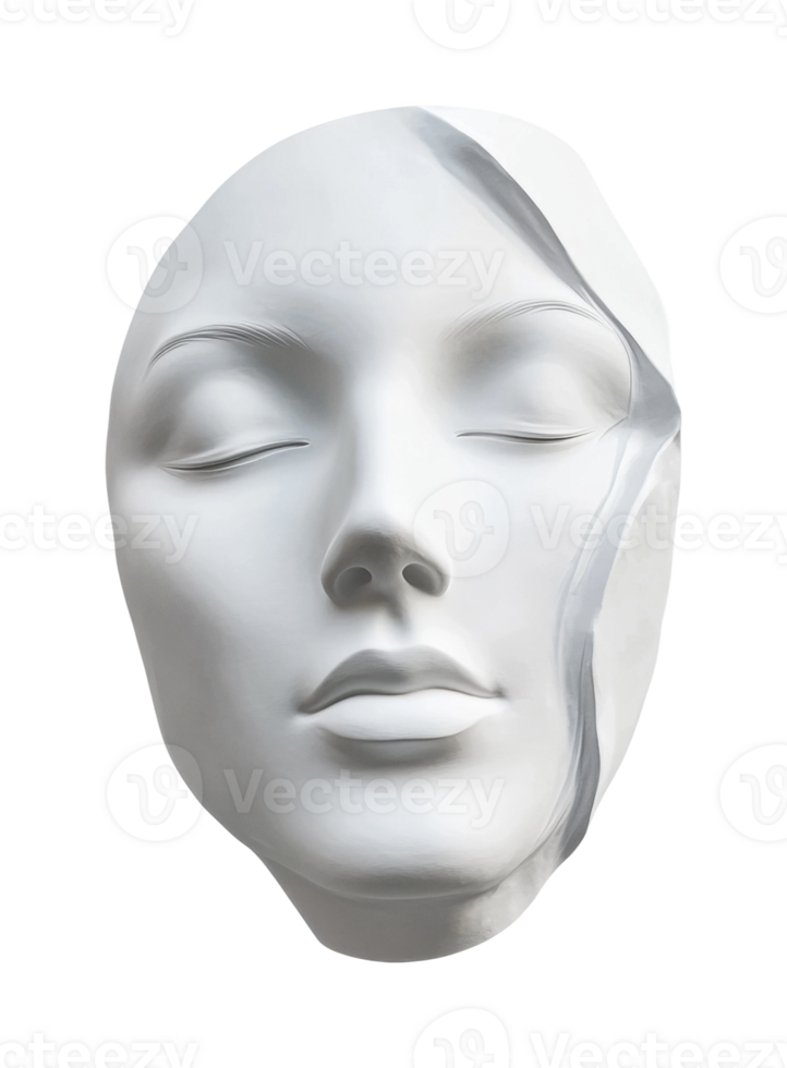 White ceramic female face sculpture with delicate intricate crack pattern png