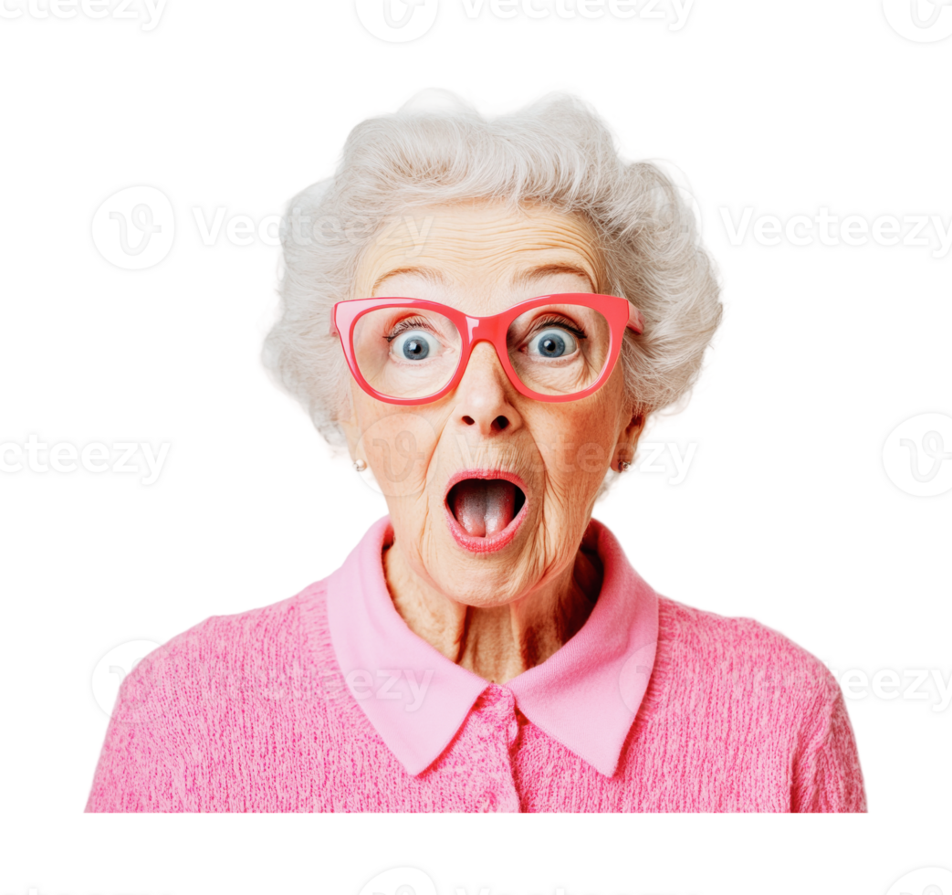 Elderly caucasian female with surprised expression and pink glasses png