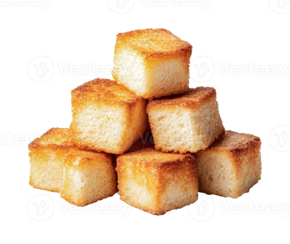 Golden toast pile of crunchy bread cubes isolated on black background png