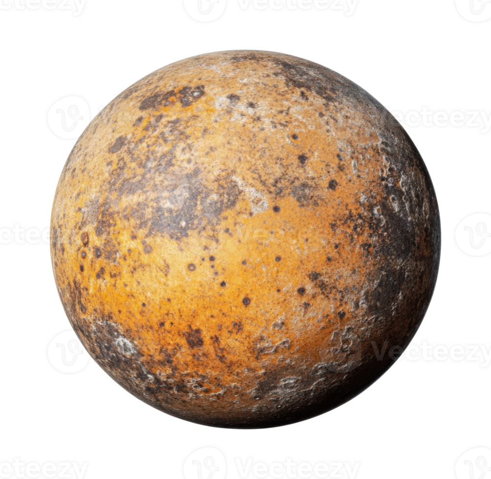 Rusty iron sphere with weathered texture on black background png