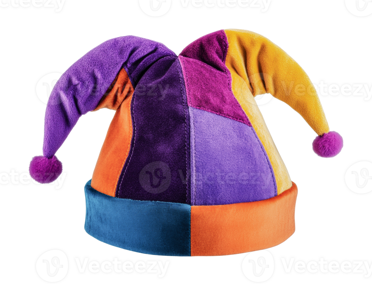 Colorful jester hat with purple, orange, and yellow panels png