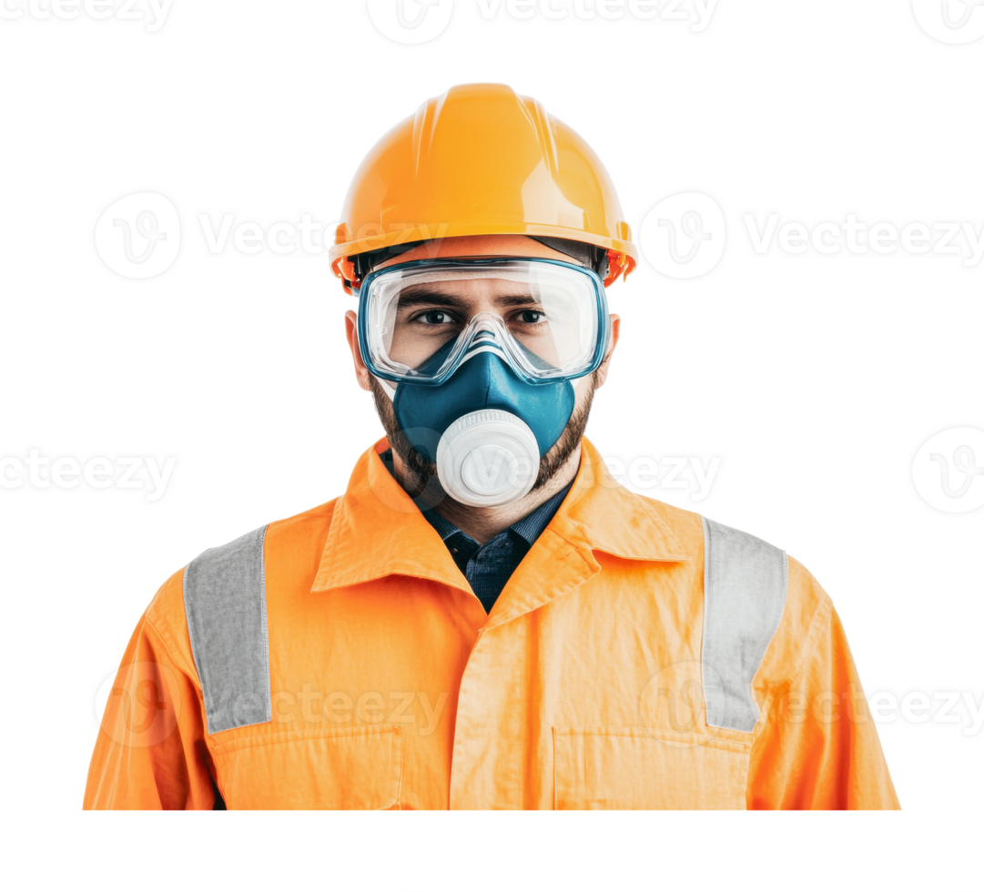 Male worker in safety gear with respirator and helmet isolated png
