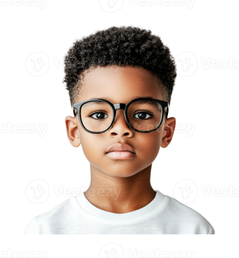 Portrait of young african male child with glasses on white background png