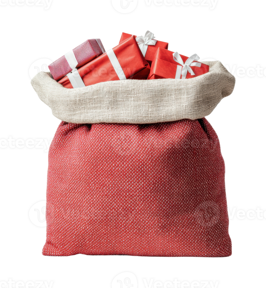 Festive burlap sack overflowing with red wrapped holiday gifts png