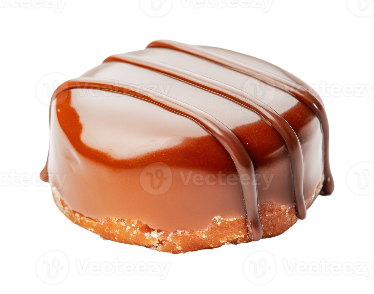Delicious glazed chocolate pastry with drizzled chocolate topping on a biscuit base png