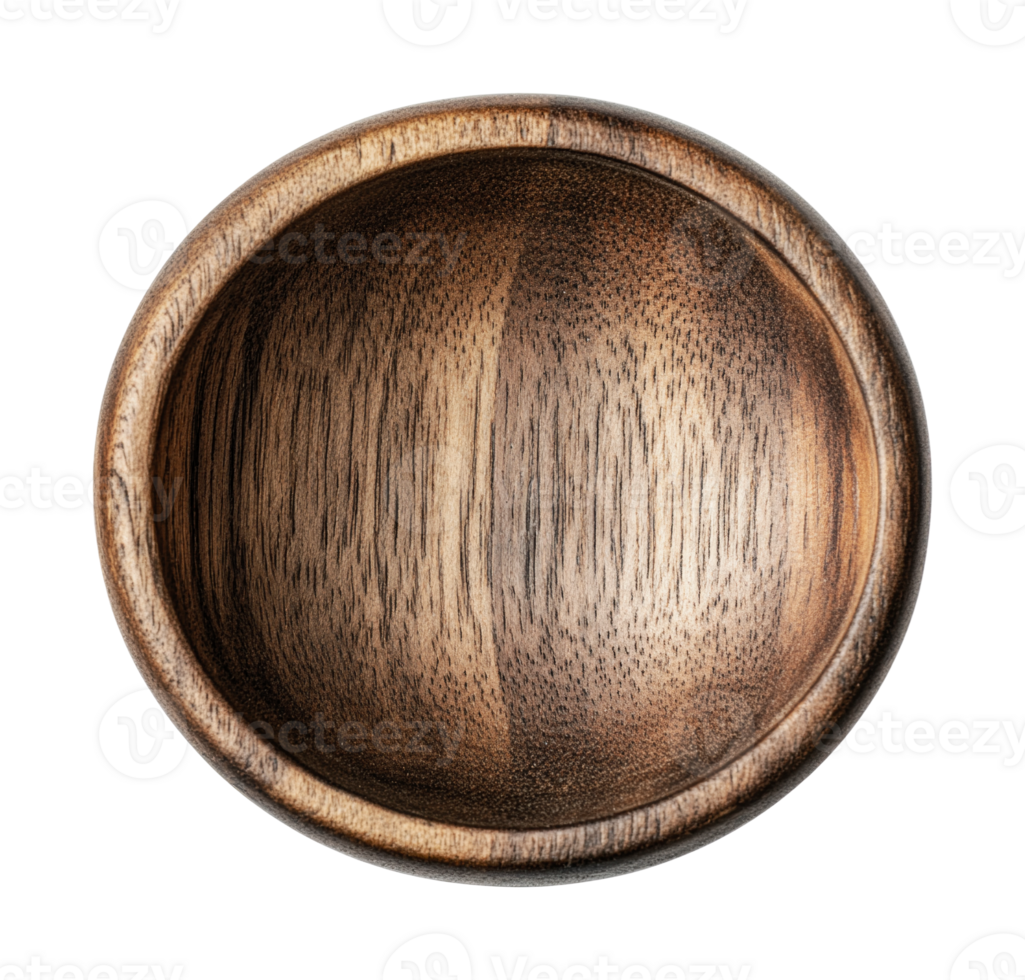 Empty round wooden bowl with natural grain pattern on black background png