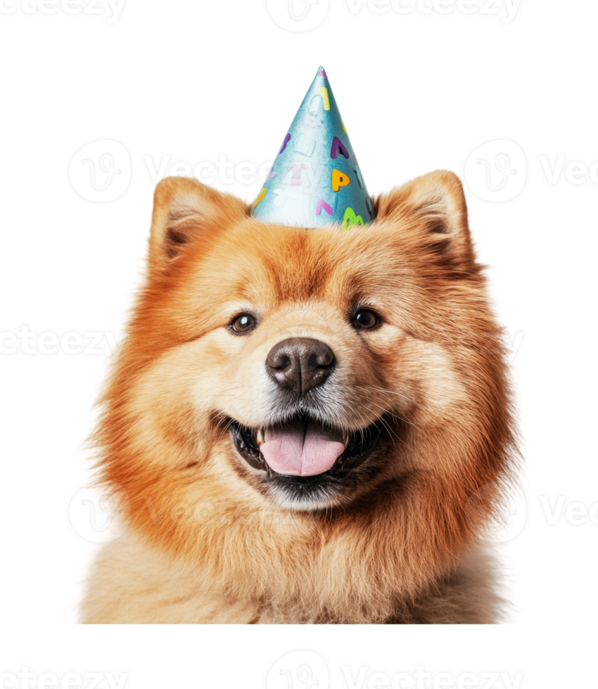 Fluffy chow chow wearing birthday party hat with happy expression png
