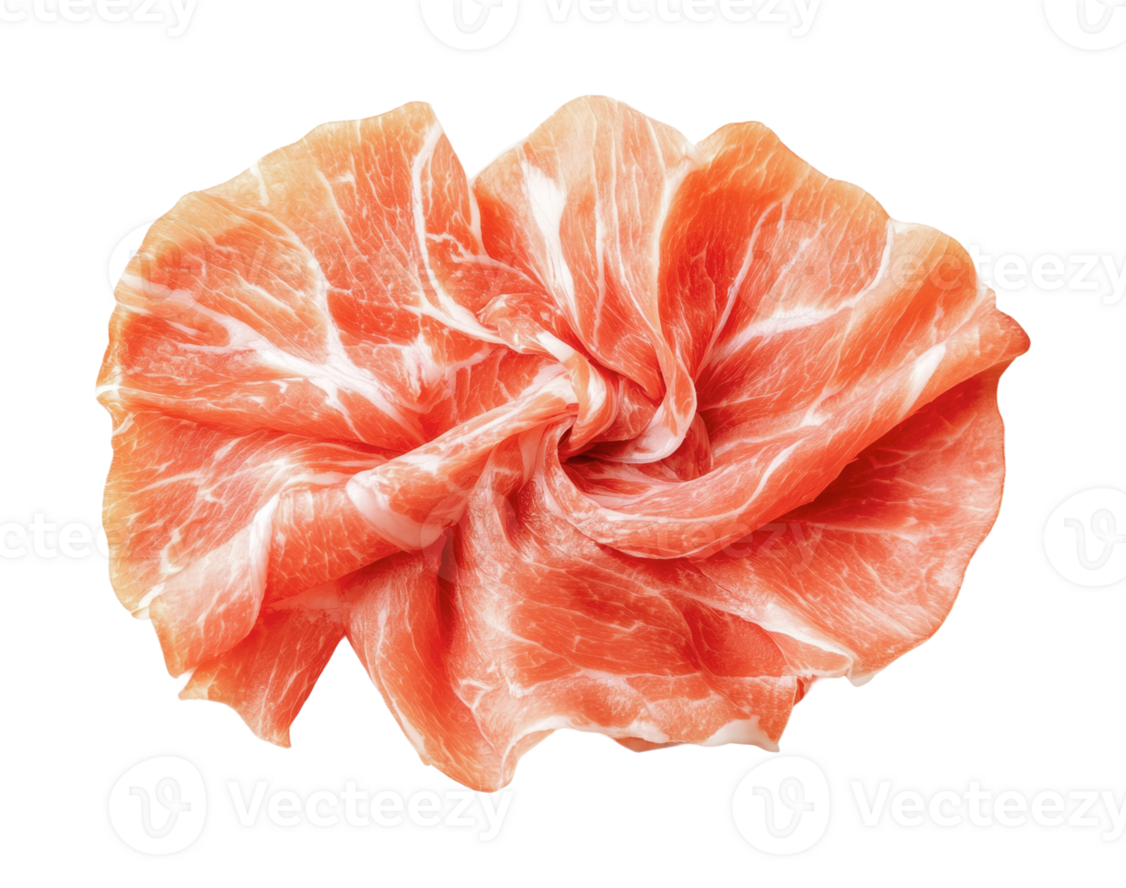 Thinly sliced prosciutto rosette with marbled texture on black background png