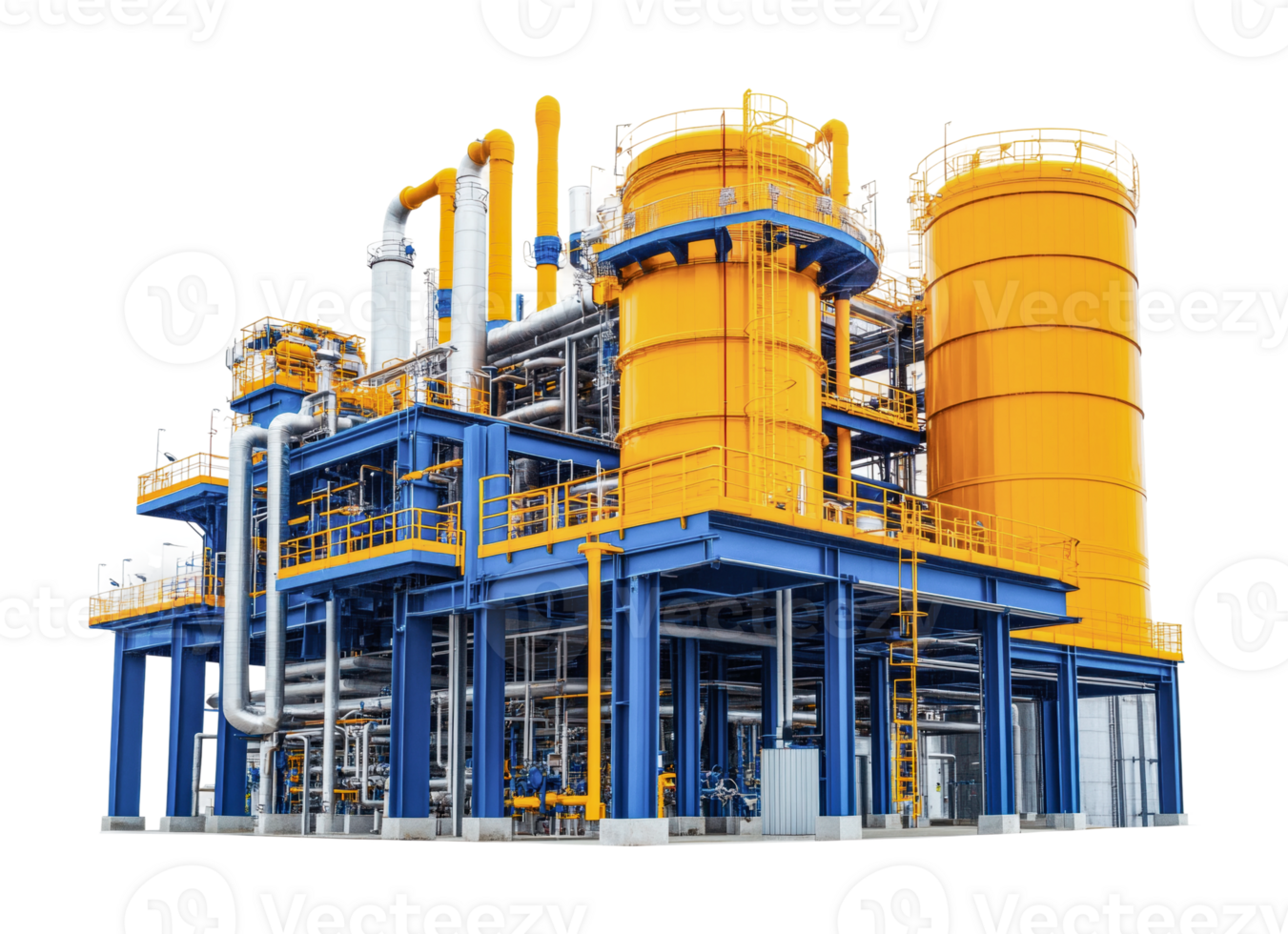 Modern industrial plant with vibrant orange and blue structures png