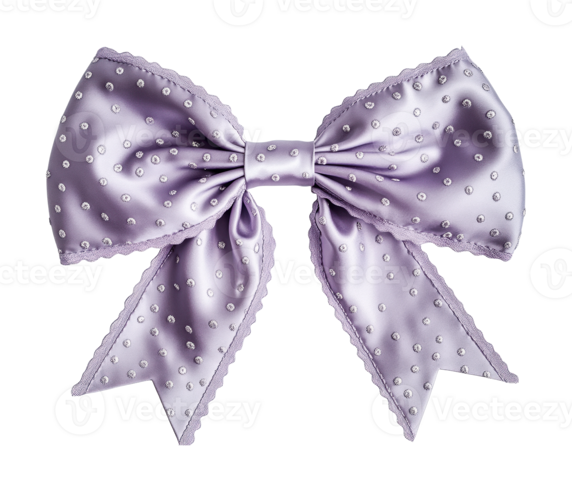Elegant lavender satin bow with delicate embroidery and scalloped edges png