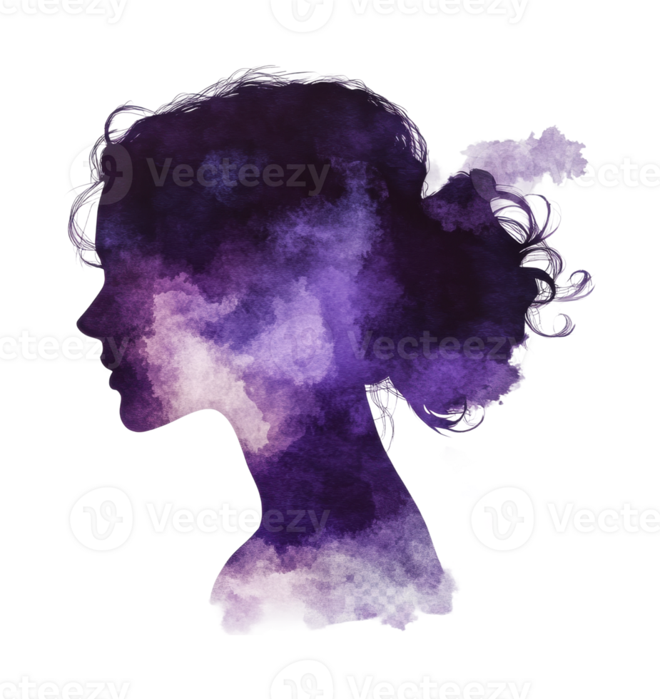Watercolor silhouette of young female with curly hair in purple tones png
