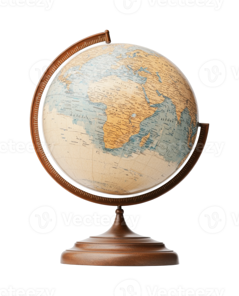 Vintage world globe on wooden stand with detailed map of continents and oceans png