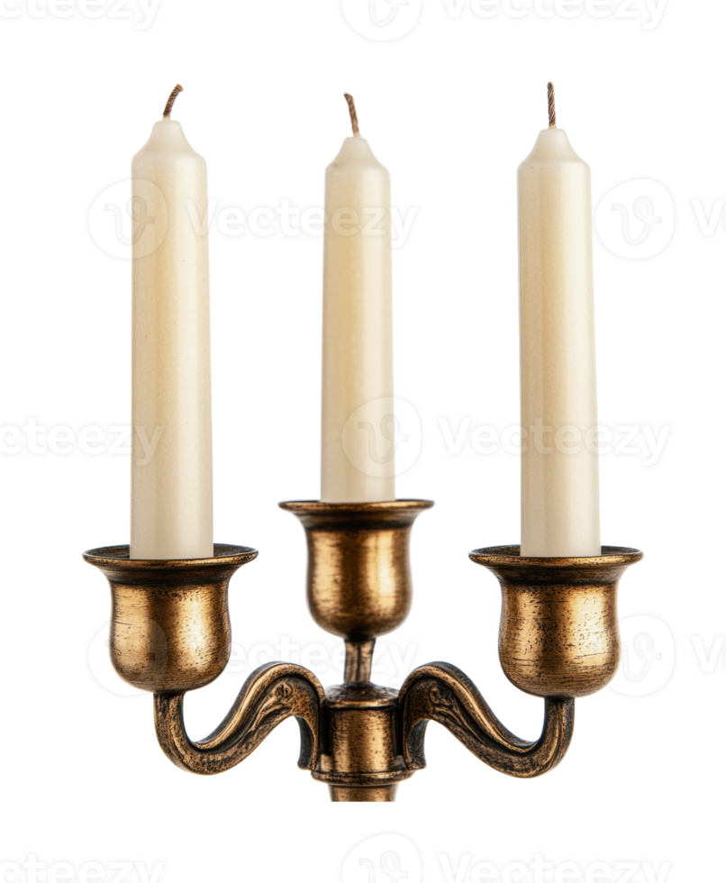 Antique brass triple candle holder with ivory taper candles png