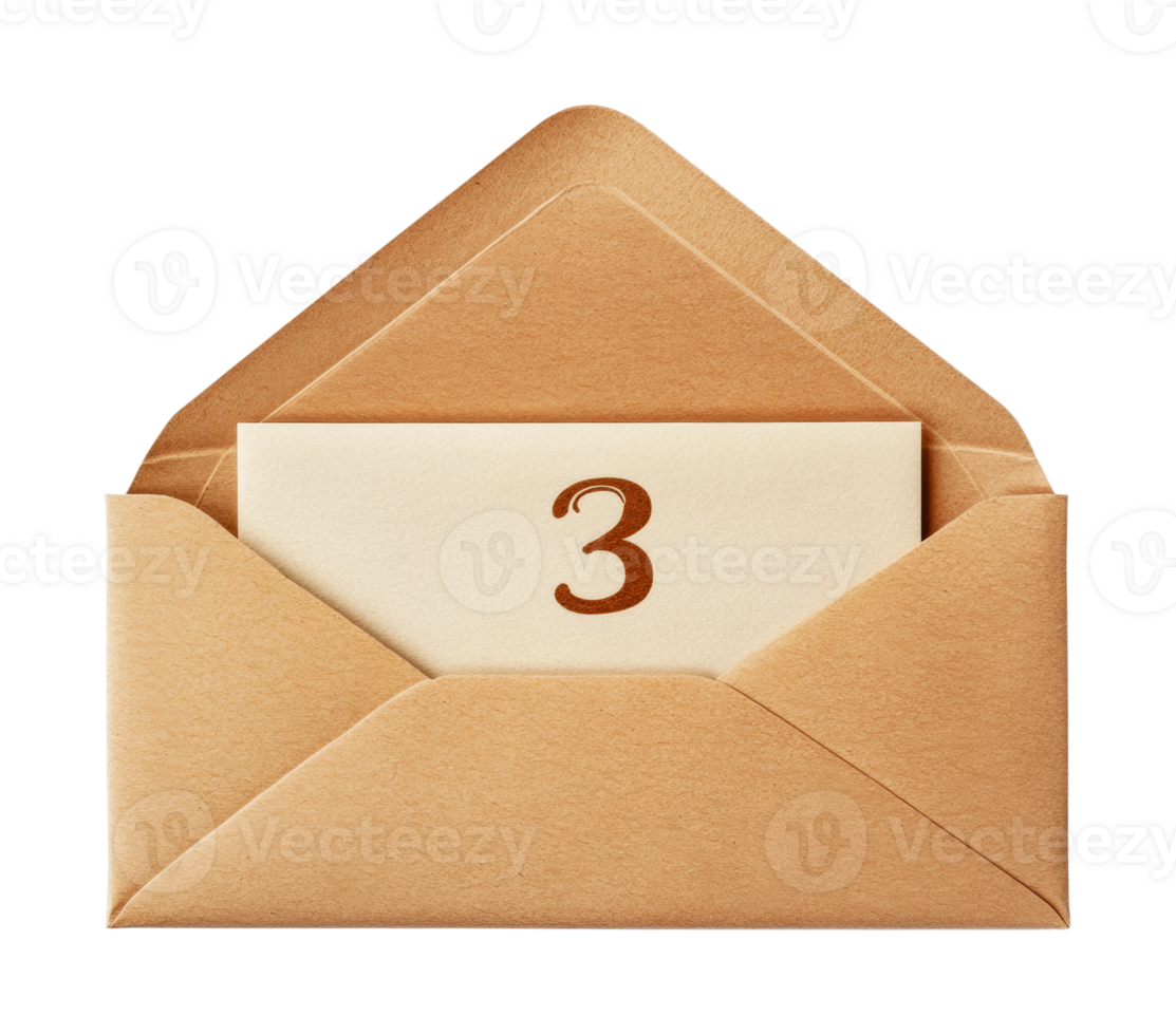 Open envelope with number three card on black background png
