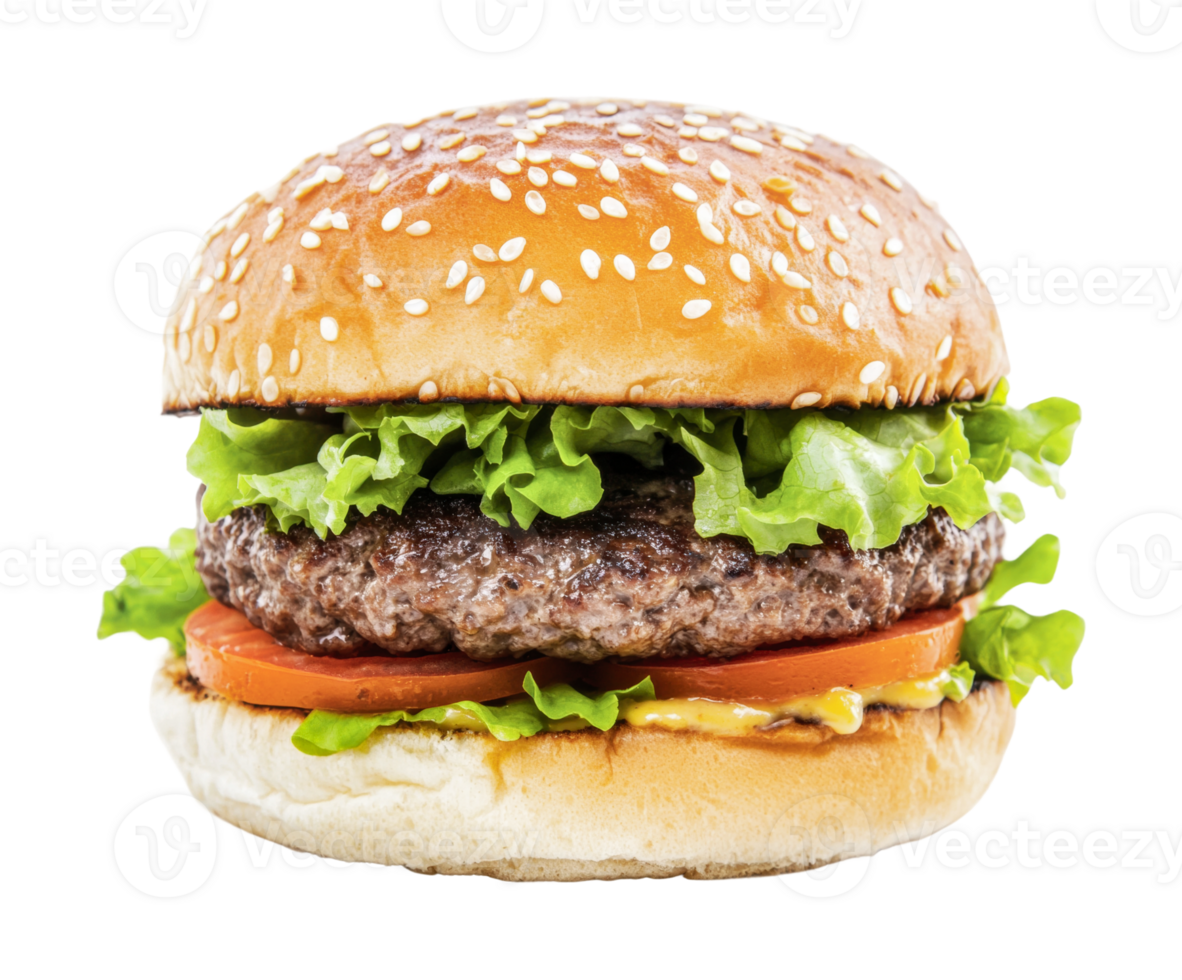 Juicy beef burger with lettuce, tomato, and sesame seed bun png