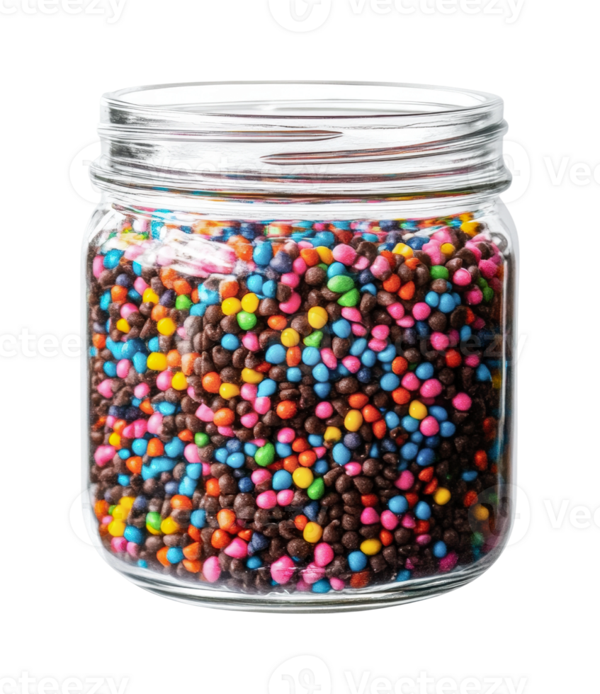 Colorful candy sprinkles in a clear glass jar on white background png