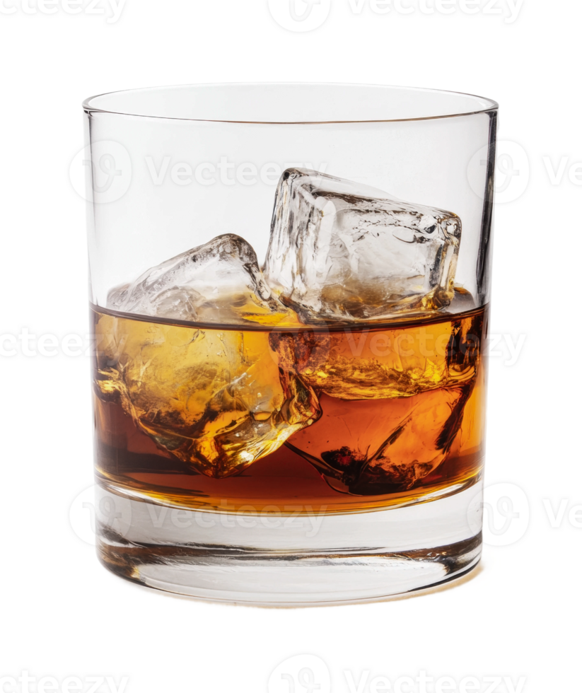 Close-up of whiskey on ice in clear glass on white background png