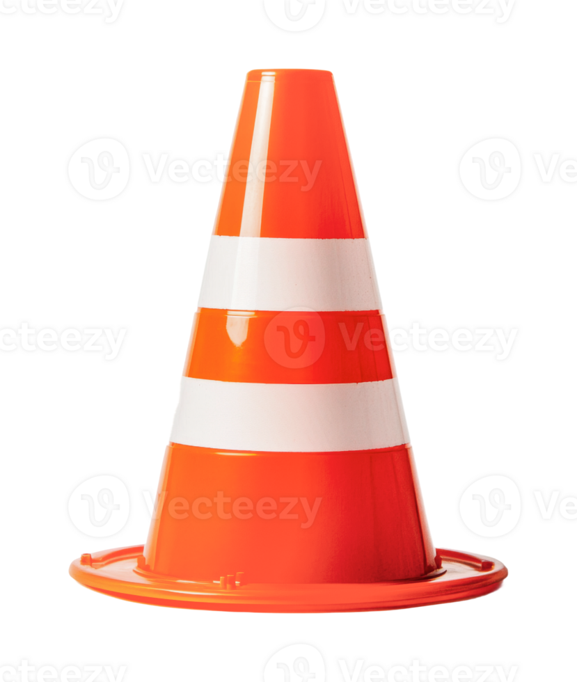 Orange traffic cone with white stripes on black background png