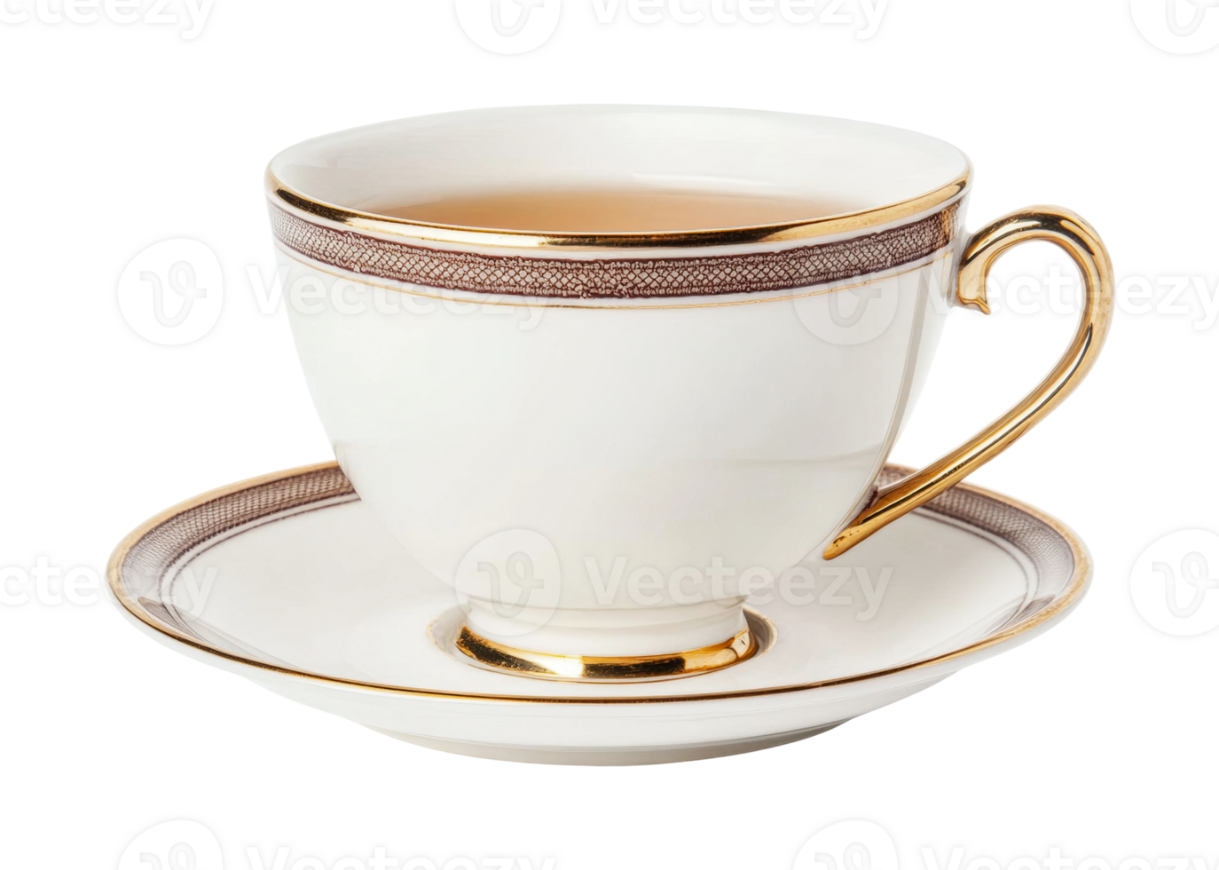 Elegant porcelain teacup with gold trim on saucer filled with tea png