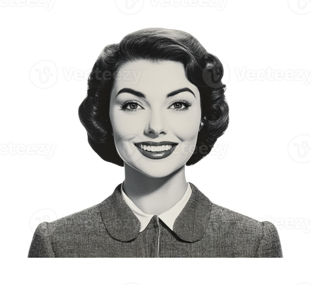 Retro portrait of smiling caucasian female adult with classic hairstyle png