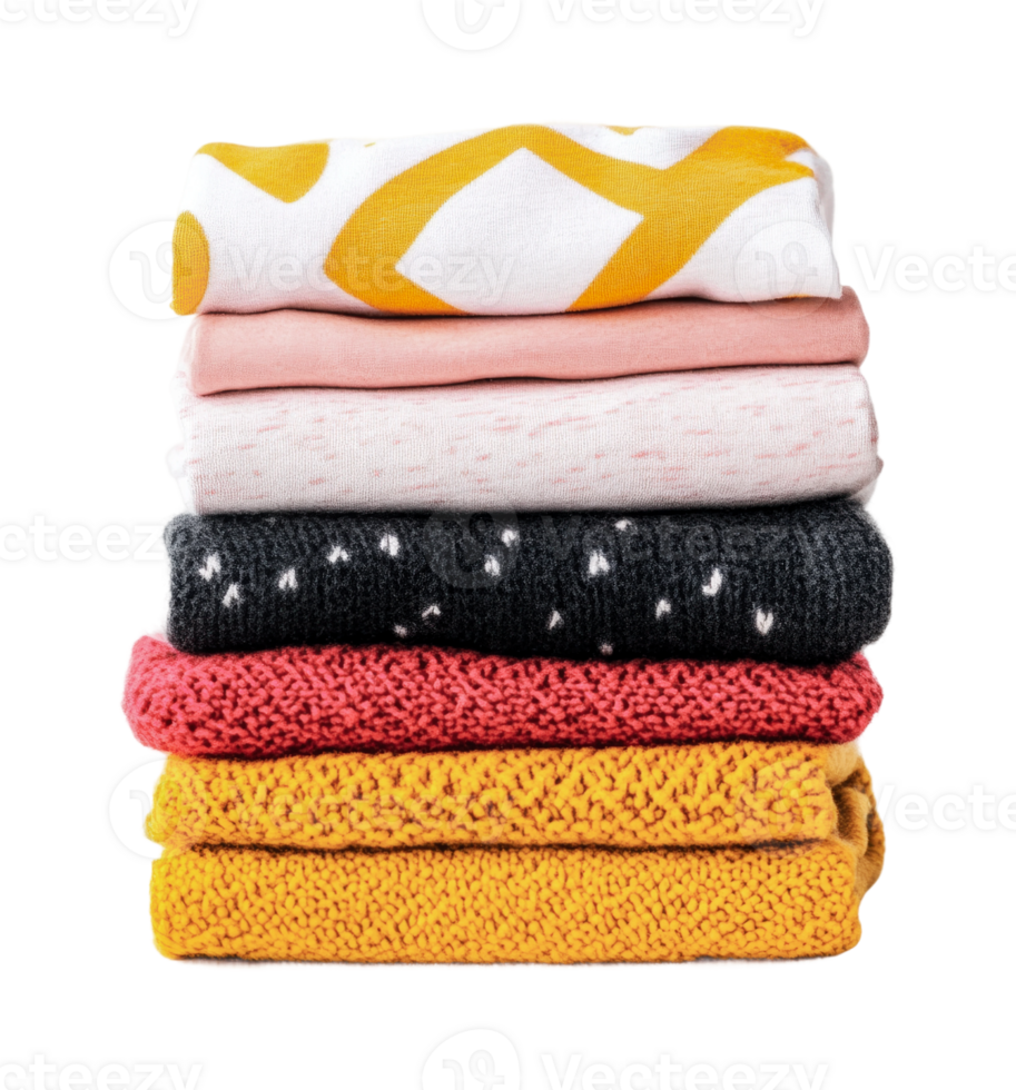 Stack of colorful folded sweaters in various textures and patterns png