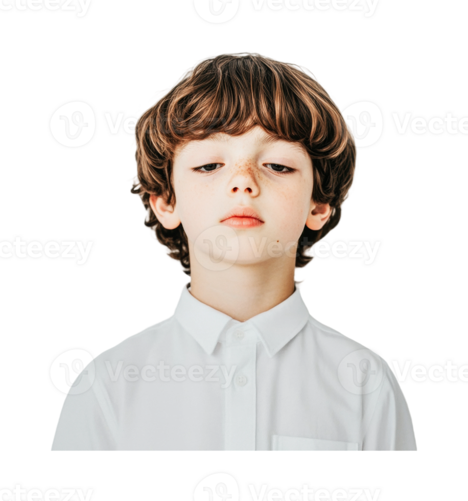 Young caucasian boy in white shirt with thoughtful expression png