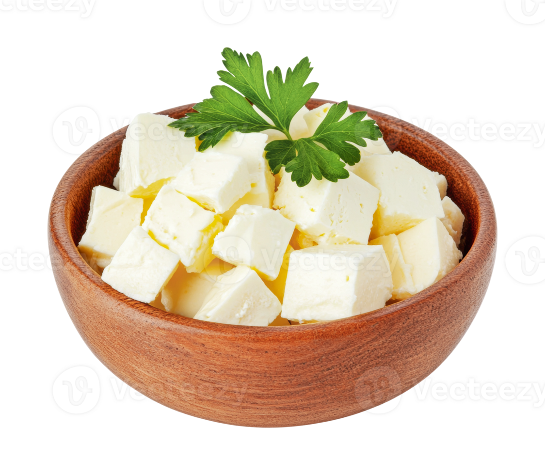 Fresh cubed feta cheese in wooden bowl with parsley garnish on black background png